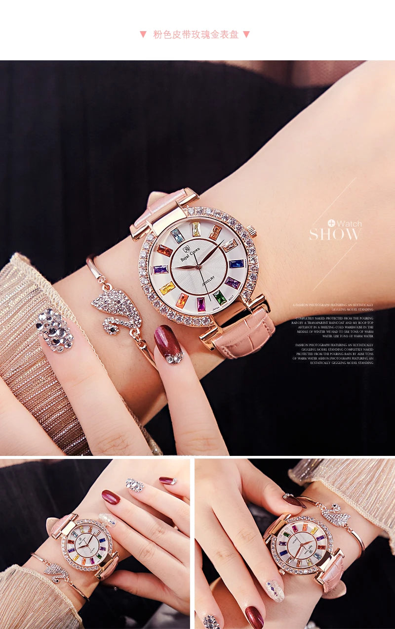Prong Setting Luxury Clock Lady Women's Watch Fashion Hours Bracelet Colorful Rhinestone Girl Birthday Gift Royal Crown Box