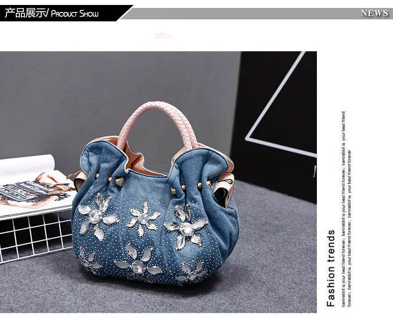 Vintage Rhinestone Denim Shoulder Handbag for Women
