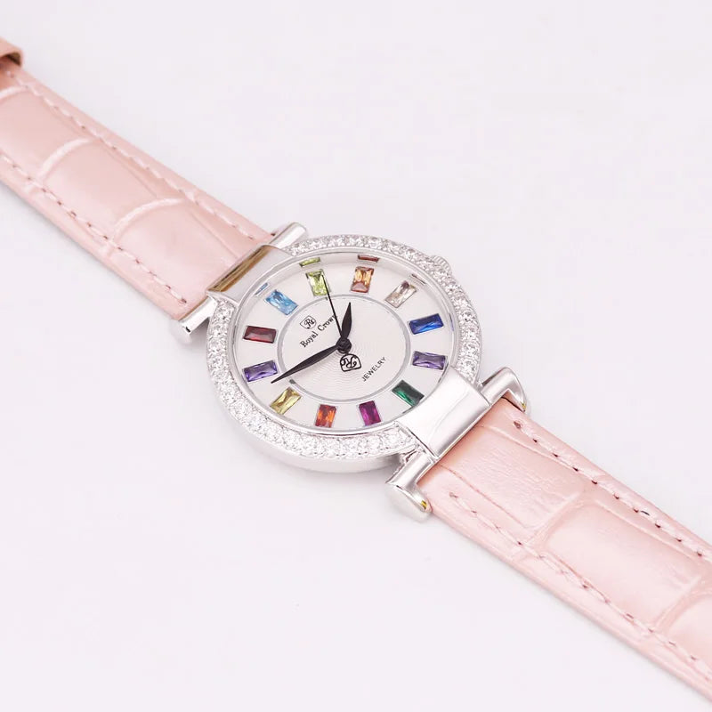 Prong Setting Luxury Clock Lady Women's Watch Fashion Hours Bracelet Colorful Rhinestone Girl Birthday Gift Royal Crown Box