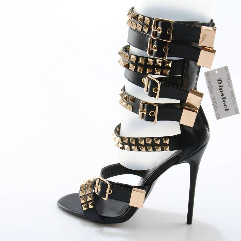 Vintage Gold Rivet Leather Strap Open Toe Sandals for Women