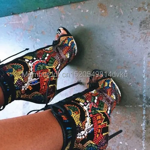 Crystal Covered Lace Up Stiletto Ankle Booties for Women