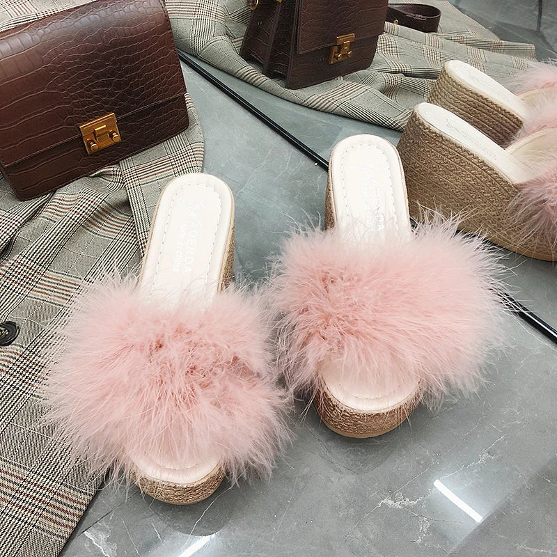 Plush Faux Fur Wedge Slide