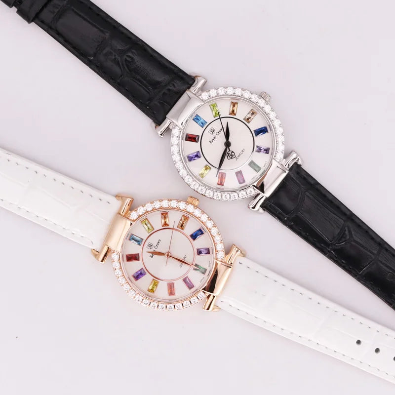 Prong Setting Luxury Clock Lady Women's Watch Fashion Hours Bracelet Colorful Rhinestone Girl Birthday Gift Royal Crown Box