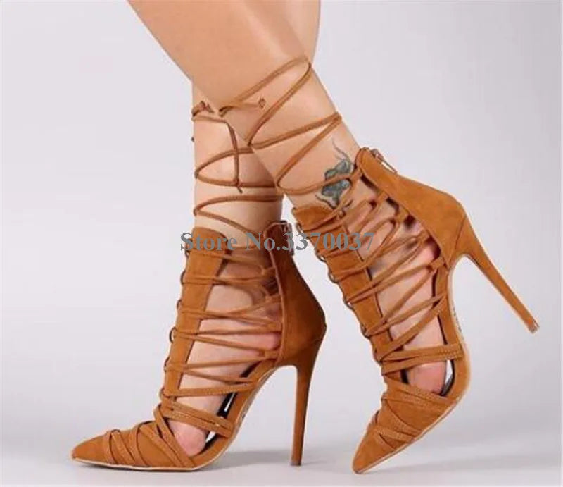 Pointed Toe Suede Lace Up High Heel Dress Pumps For Women