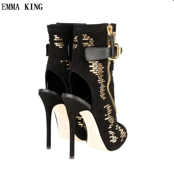 Gleaming Gold Studded Peep Toe Ankle Strap Sandals for Women