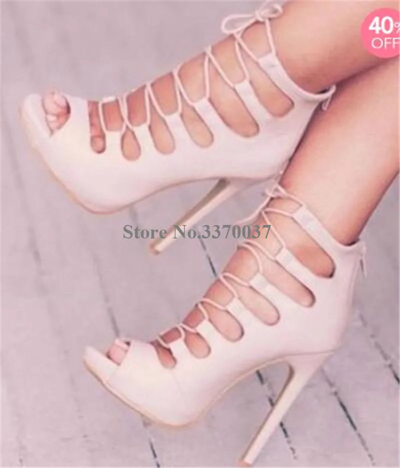 Lace Up Cross Strap Peep Toe Suede Leather Stiletto Pumps for Women