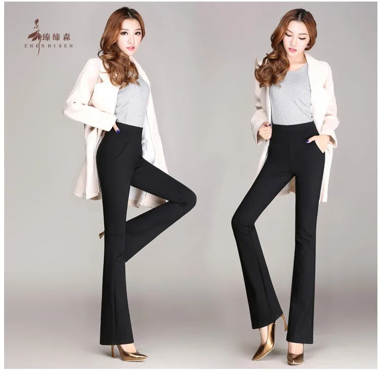Vintage Office skinny Women Pants Trousers Zipper High Waist Pocket Flare pants formal OL Office Career Capris Work Wear Black