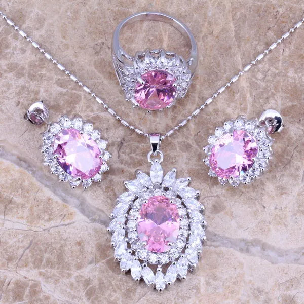 Pink Cubic Zirconia Necklace, Earrings, and Ring Set for Women