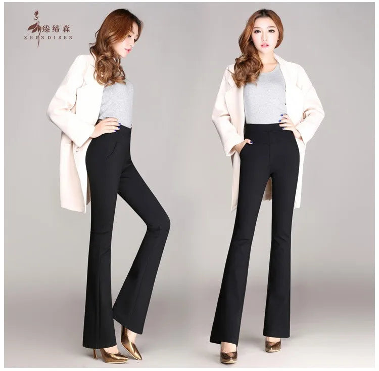 Vintage Office skinny Women Pants Trousers Zipper High Waist Pocket Flare pants formal OL Office Career Capris Work Wear Black