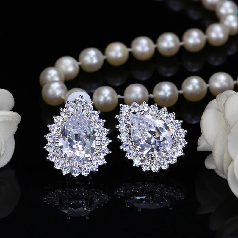 Large Teardrop Cubic Zirconia Clip On Earrings for Women