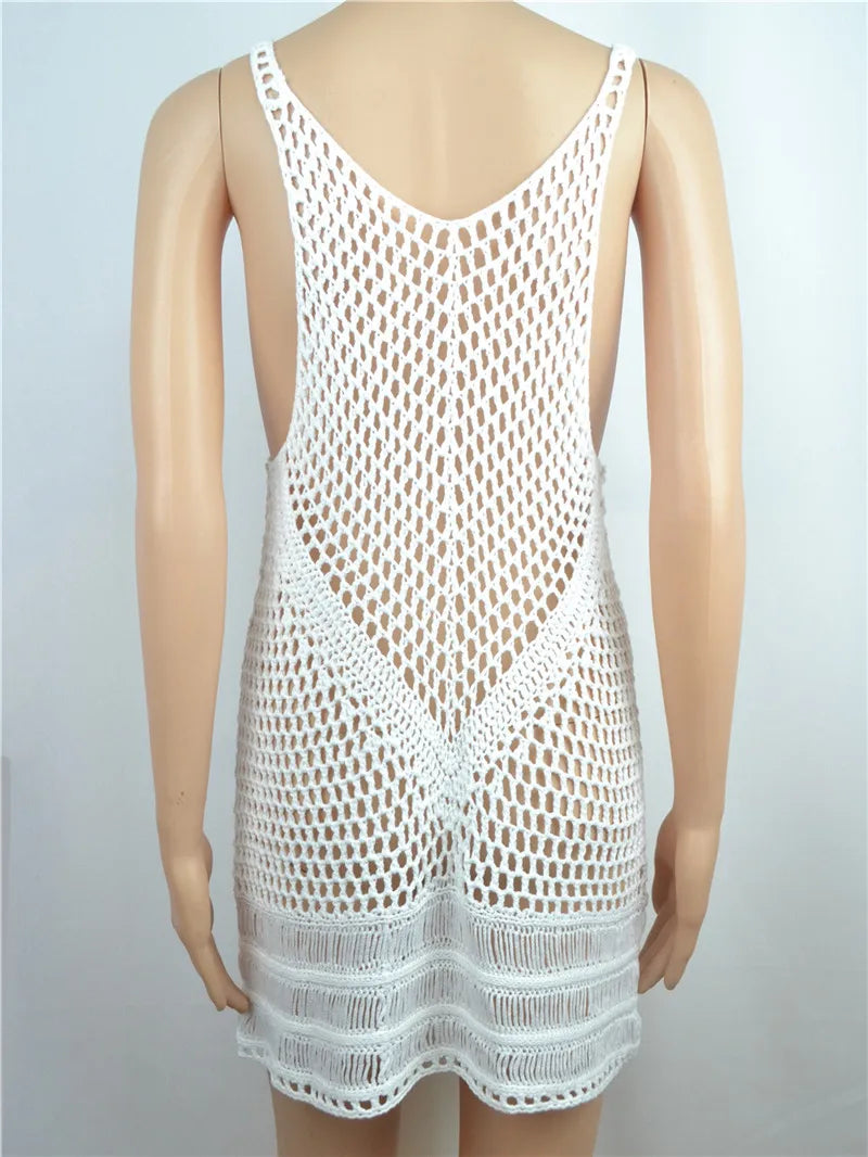 2025 Crochet Summer Beach Dress Cover Up Sexy Hollow Out Mesh Knitted Tunic Swimsuit Coverup Womens Beach Sarong Robe De Plage