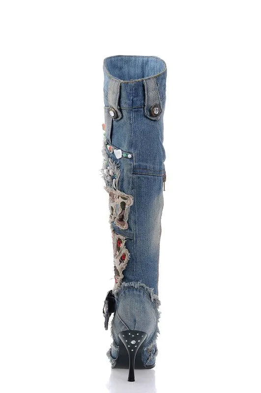 High Quality Women Wash Denim Beaded High Heel Knee Length Boots Thin Heel Motorcycle Jeans Boots Real Photo