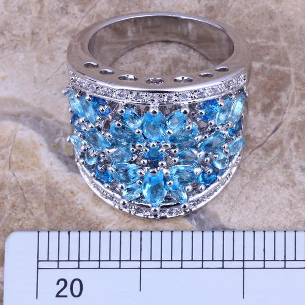 Sky Blue Cubic Zirconia Silver Plated Ring for Women