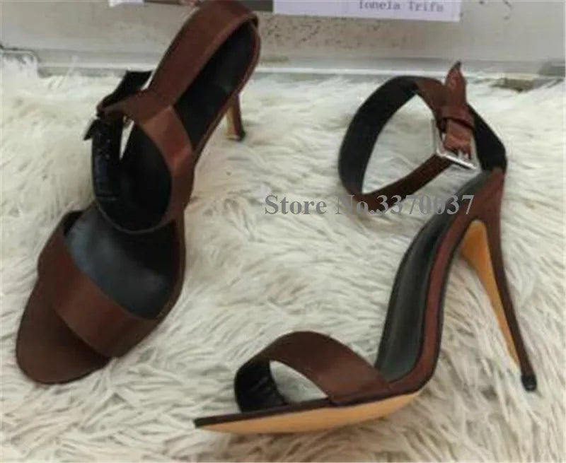 Coffee Satin Ankle Strap Stiletto Heels