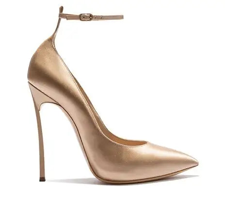 Champagne Silk Pointed Toe Stiletto Pumps With Ankle Strap for Women