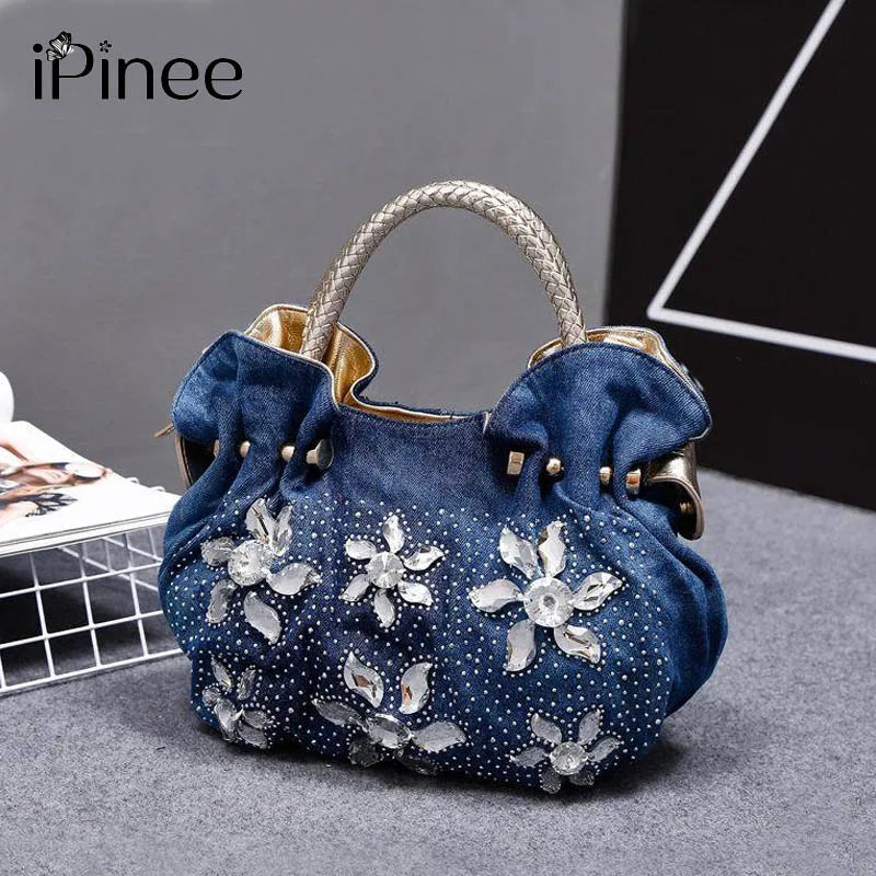 Vintage Rhinestone Denim Shoulder Handbag for Women