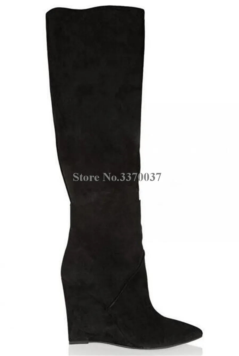 Pointed Toe Suede Winter Knee High Wedge Boots for Women