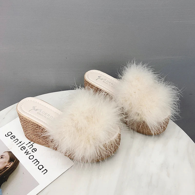 Plush Faux Fur Wedge Slide