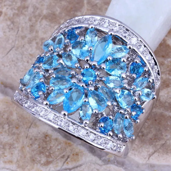 Sky Blue Cubic Zirconia Silver Plated Ring for Women