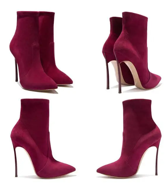 Spike High Heel Woman Ankle Boots Large Size Custom New Suede Pointed Toe High-Heeled Sexy Stretch Short Woman Boots