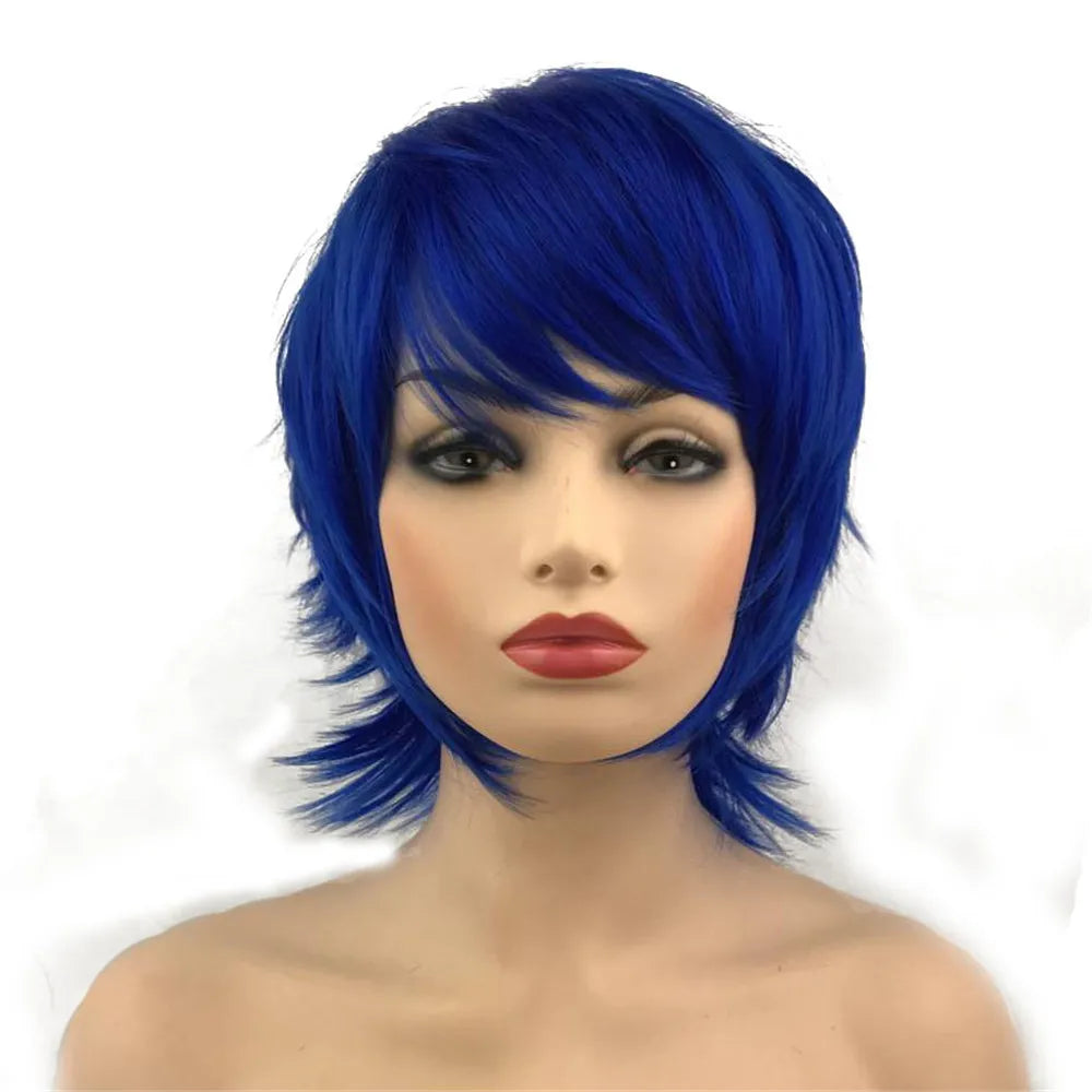 Straight Blue And Red Synthetic Cosplay Wig For Women