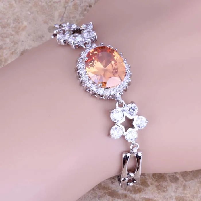 Champagne Morganite and CZ Silver Plated Link Bracelet for Women