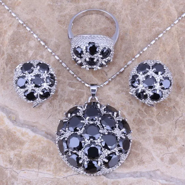 Black Cubic Zirconia Jewelry Set with Ring, Earrings and Pendant for Women