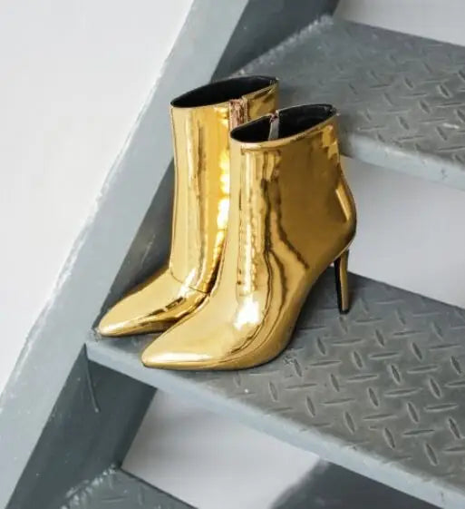Fashion Woman Glitter Silver Gold Mirror Leather Pointed Toe High Heel Short Ankle Boots with Black Sole And Zipper Custom Make