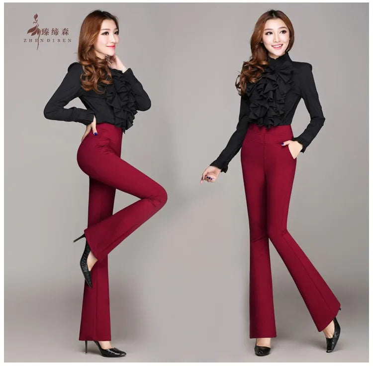 Vintage Office skinny Women Pants Trousers Zipper High Waist Pocket Flare pants formal OL Office Career Capris Work Wear Black