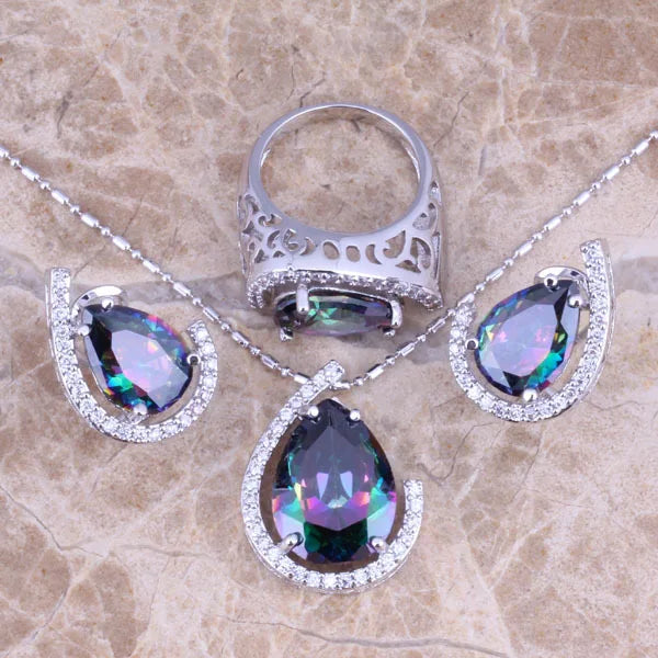 Rainbow Mystic CZ Jewelry Set with Earrings, Pendant, and Ring for Women