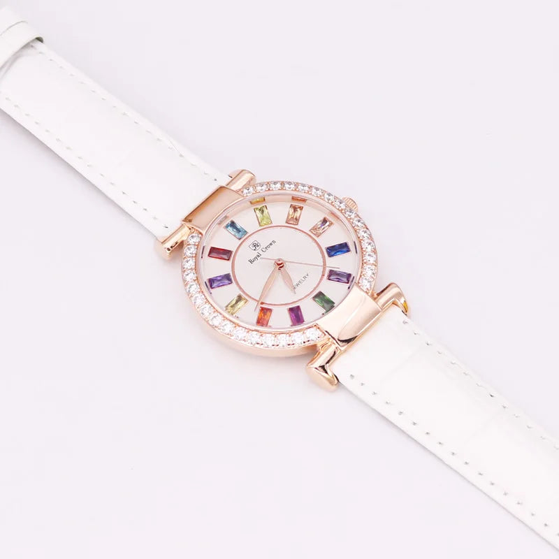 Prong Setting Luxury Clock Lady Women's Watch Fashion Hours Bracelet Colorful Rhinestone Girl Birthday Gift Royal Crown Box