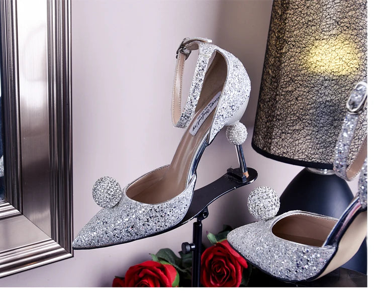 Bridal Crystal Ball Silver Pointed Toe Stiletto Heels For Women