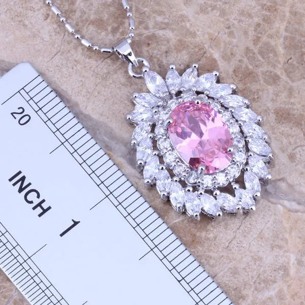 Pink Cubic Zirconia Necklace, Earrings, and Ring Set for Women