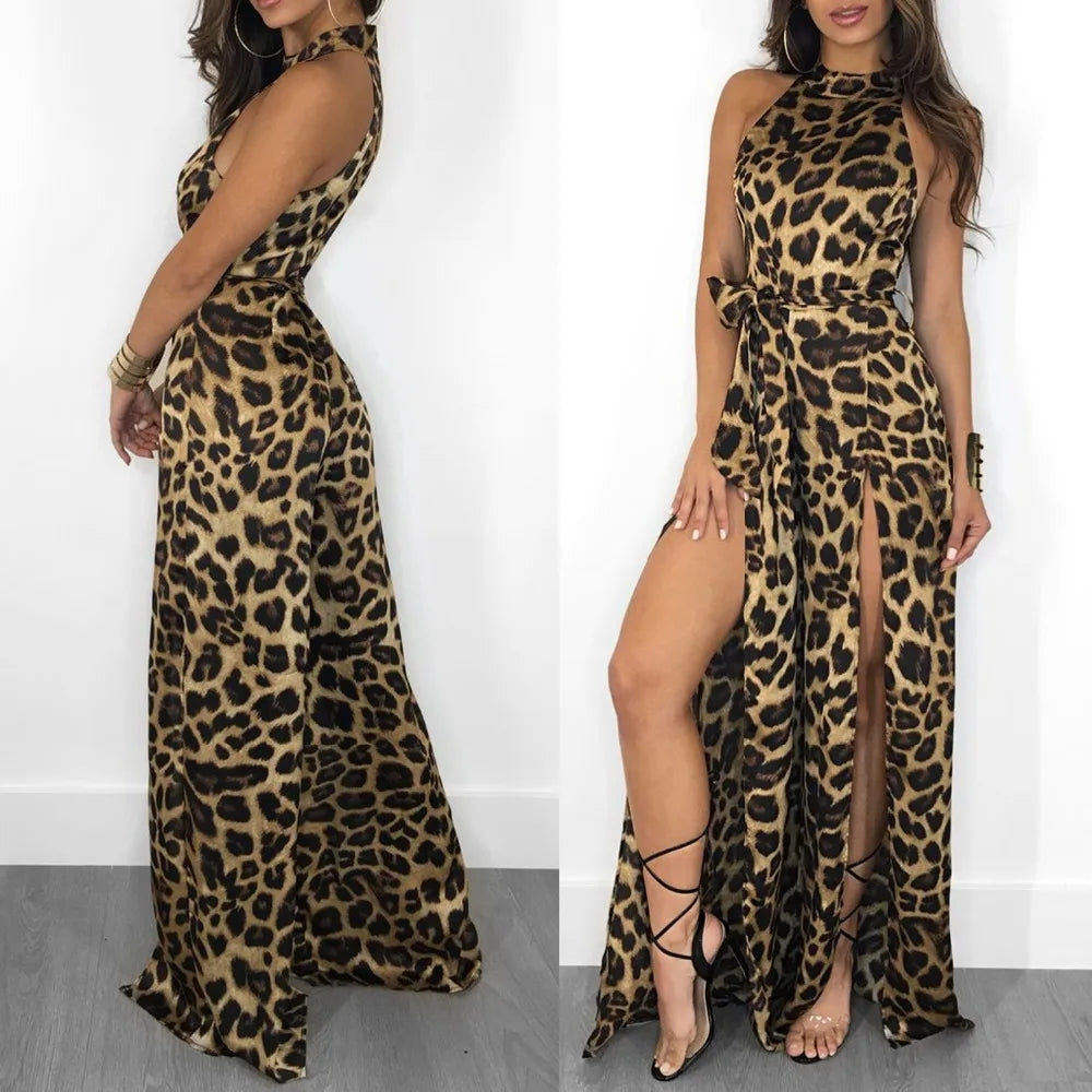 Sleeveless Leopard Print Halter Wide Leg Jumpsuit for Women