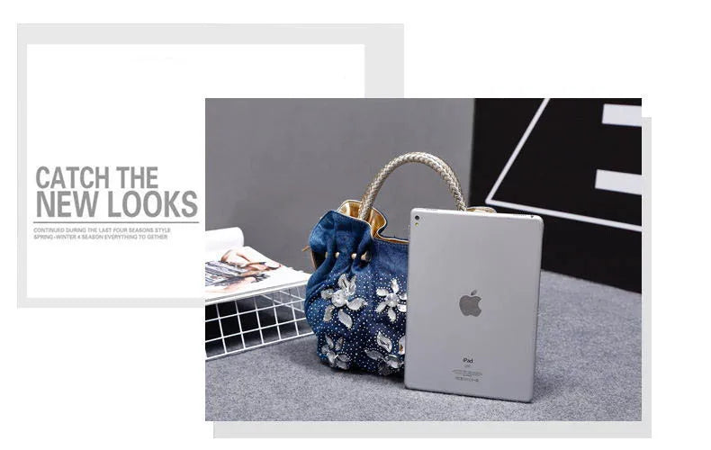 Vintage Rhinestone Denim Shoulder Handbag for Women