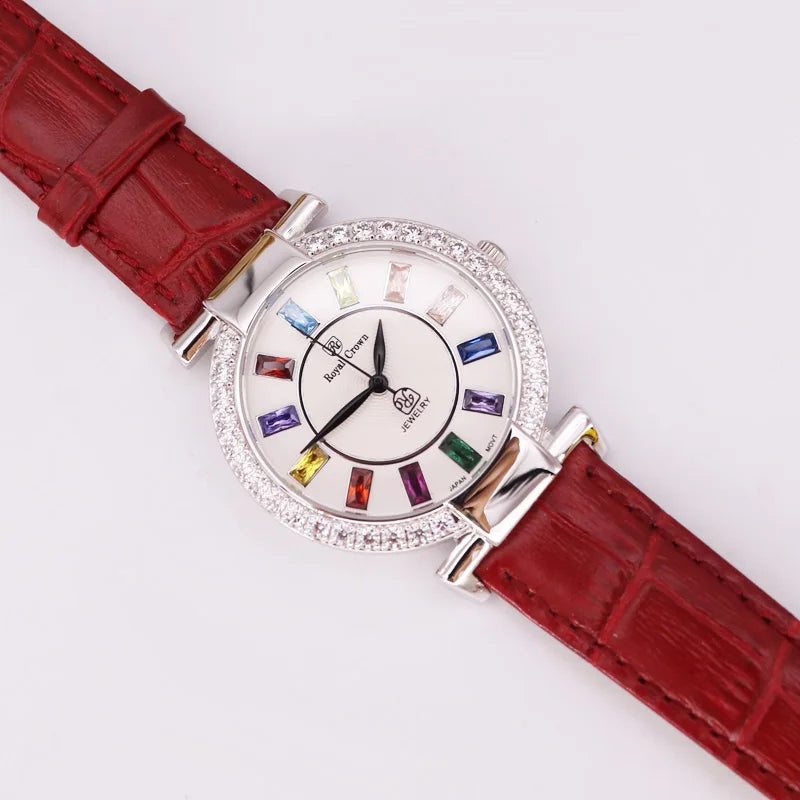 Prong Setting Luxury Clock Lady Women's Watch Fashion Hours Bracelet Colorful Rhinestone Girl Birthday Gift Royal Crown Box
