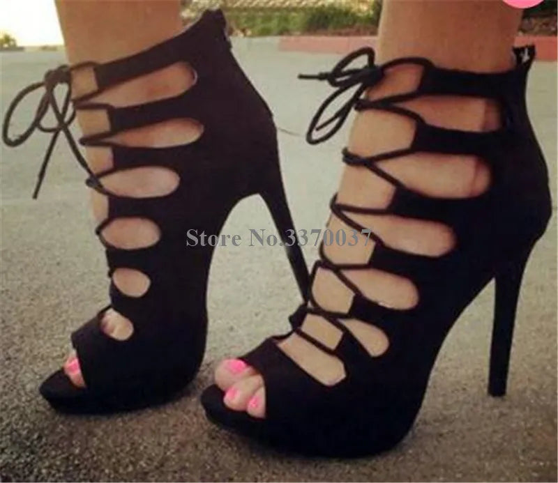 Lace Up Cross Strap Peep Toe Suede Leather Stiletto Pumps for Women
