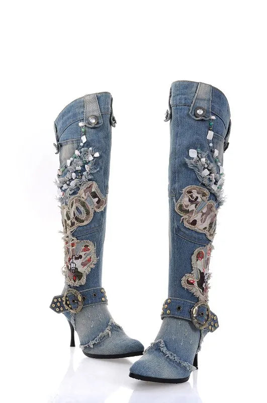 High Quality Women Wash Denim Beaded High Heel Knee Length Boots Thin Heel Motorcycle Jeans Boots Real Photo