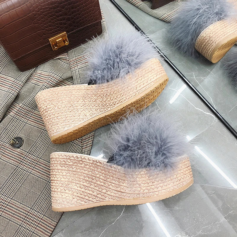 Plush Faux Fur Wedge Slide