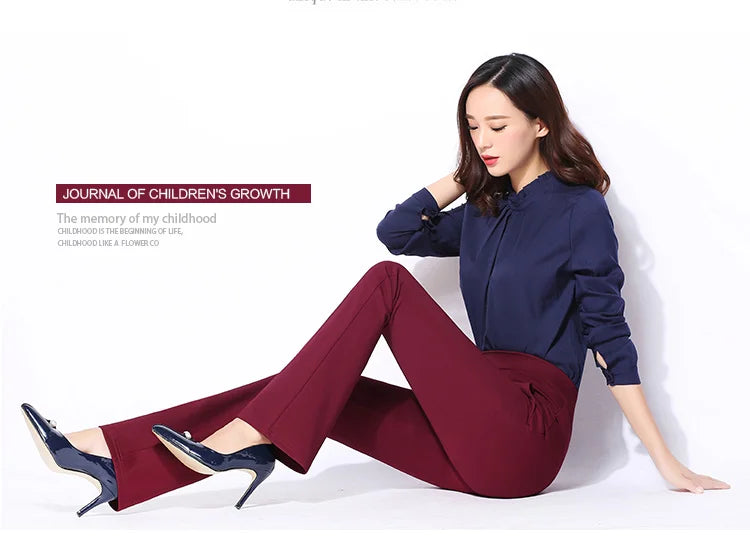 Vintage Office skinny Women Pants Trousers Zipper High Waist Pocket Flare pants formal OL Office Career Capris Work Wear Black