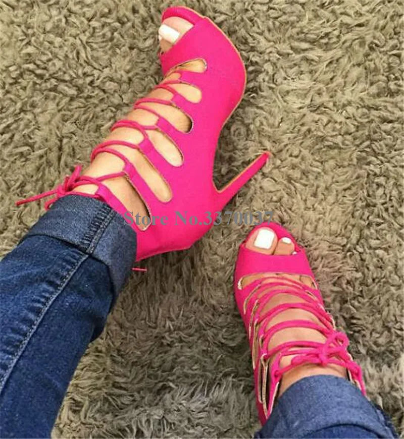 Lace Up Cross Strap Peep Toe Suede Leather Stiletto Pumps for Women