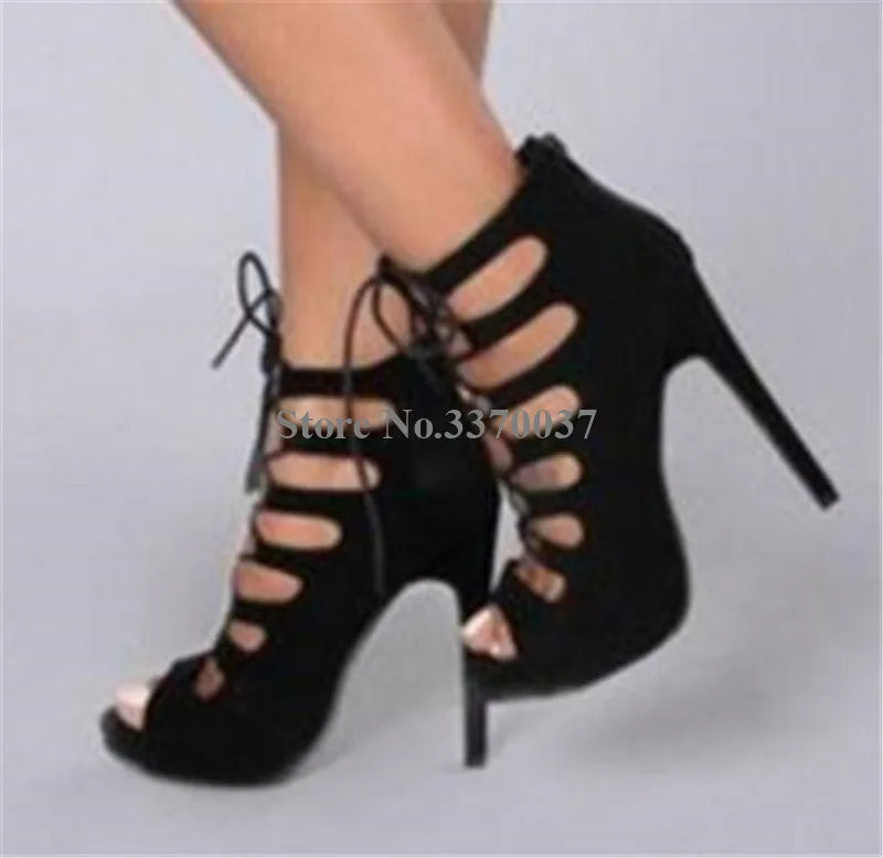Lace Up Cross Strap Peep Toe Suede Leather Stiletto Pumps for Women