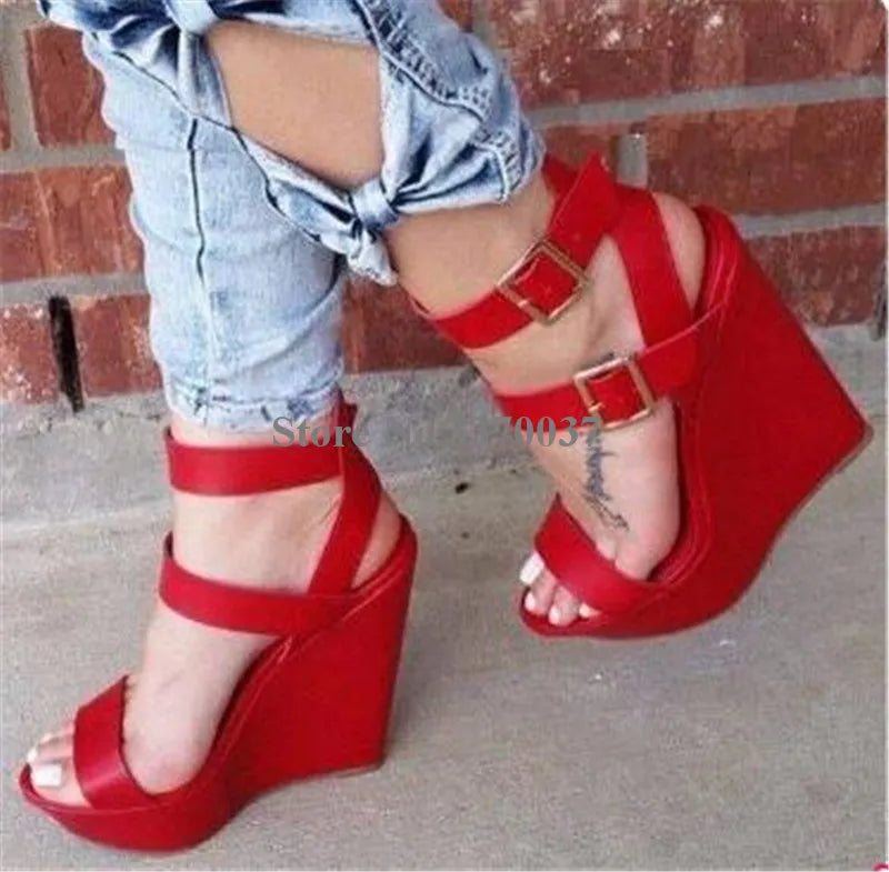 Red Leather Open Toe Platform Wedge Sandals with Ankle Strap for Women