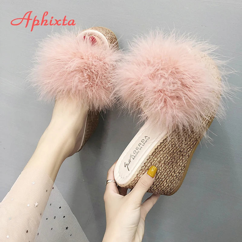 Plush Faux Fur Wedge Slide