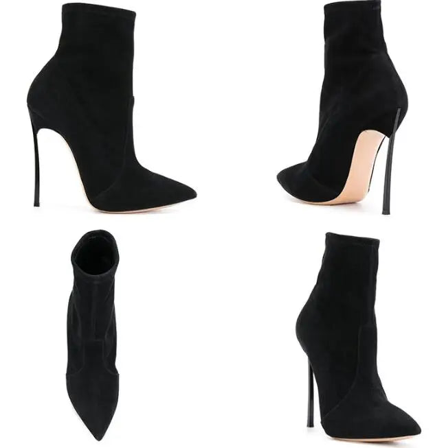 Spike High Heel Woman Ankle Boots Large Size Custom New Suede Pointed Toe High-Heeled Sexy Stretch Short Woman Boots