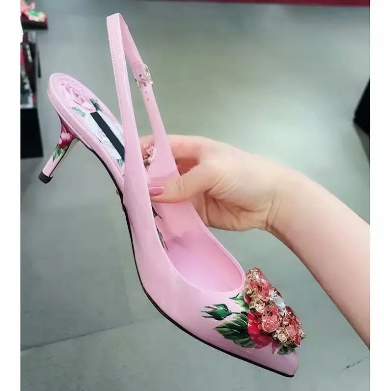 Elegant Pink Floral Rhinestone Slingback Wedding High Heels Pumps for Women