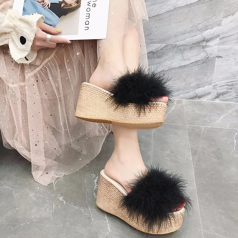 Plush Faux Fur Wedge Slide