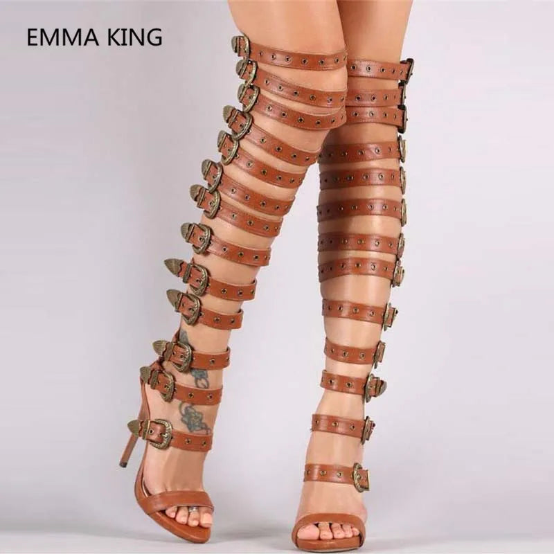 Thigh High Strappy Buckled Gladiator Sandals for Women