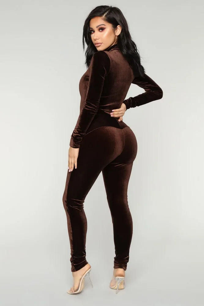 Soft Long Sleeve Velvet Bodycon Front Zipper Jumpsuit For Women
