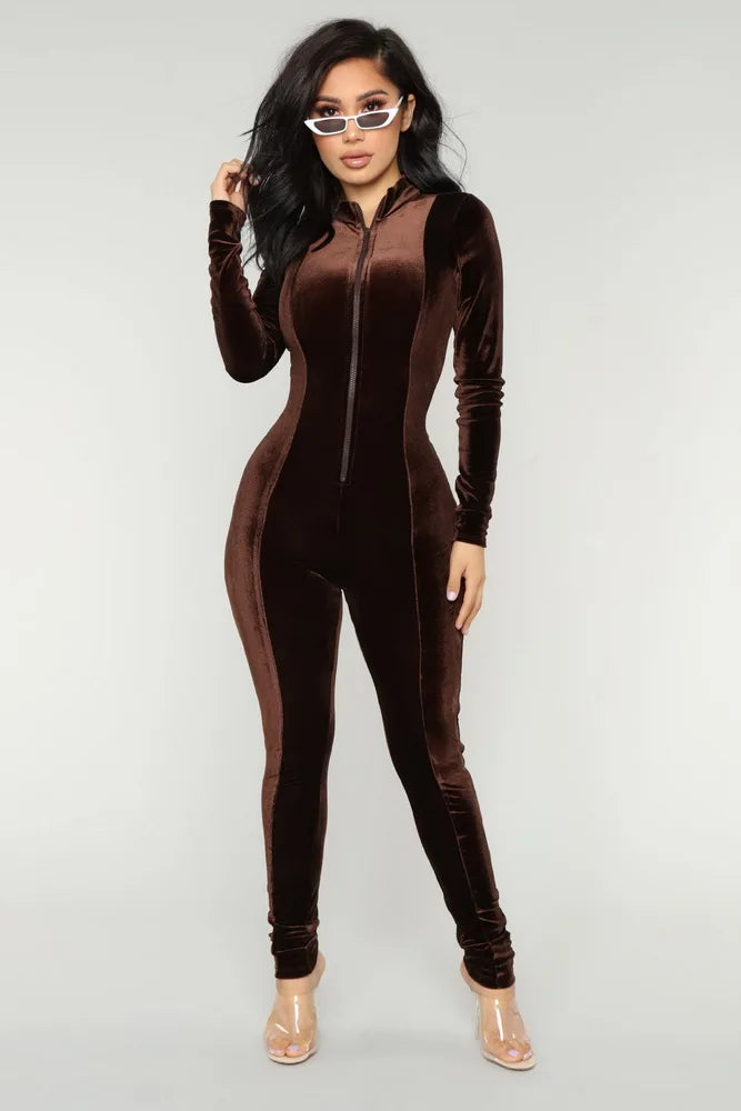 Soft Long Sleeve Velvet Bodycon Front Zipper Jumpsuit For Women